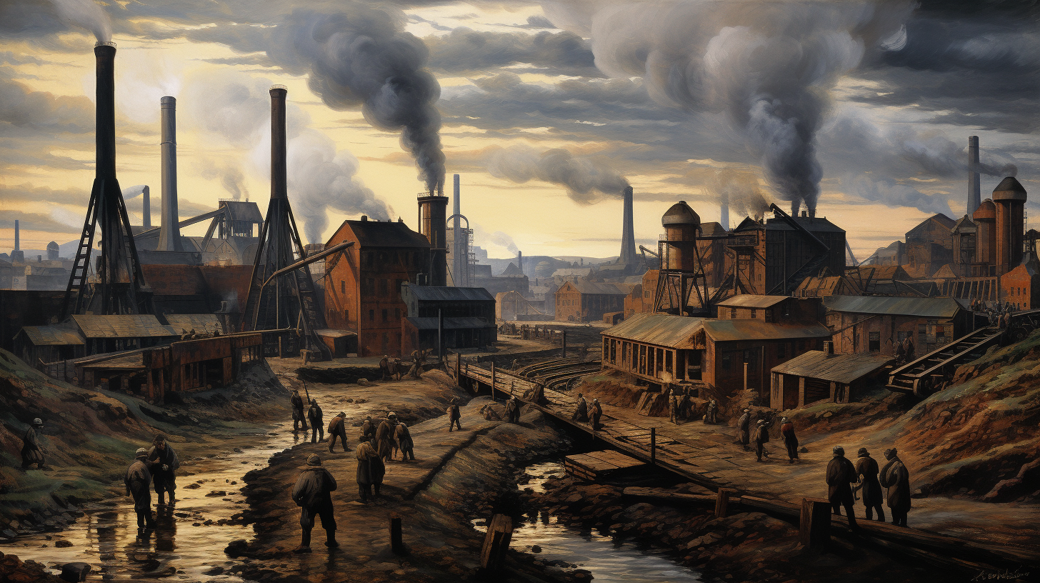 Industrial revolution coal plants amid peat fields, created wit Midjourney