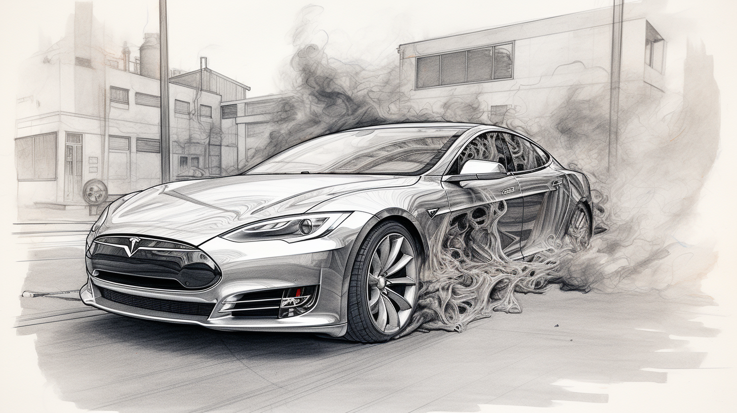 Tesla electric battery car on fire, created with Midjourney